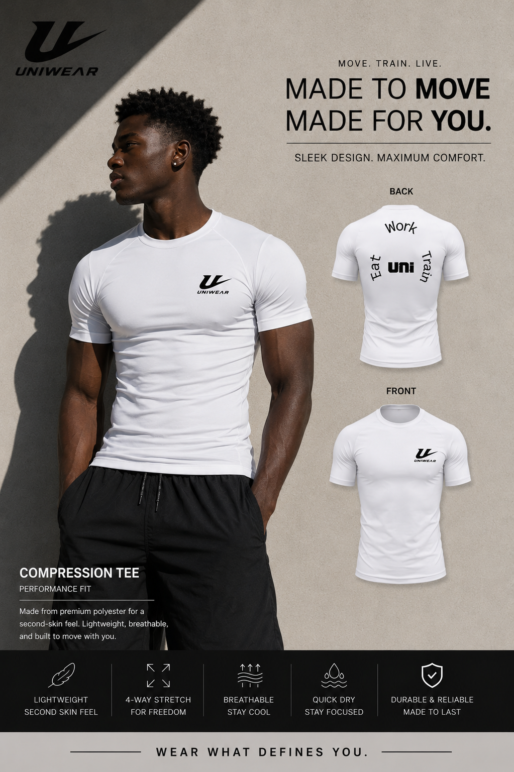 Compression Sleeve Tee — Uni Wear Logo "Eat Work Train" Graphic