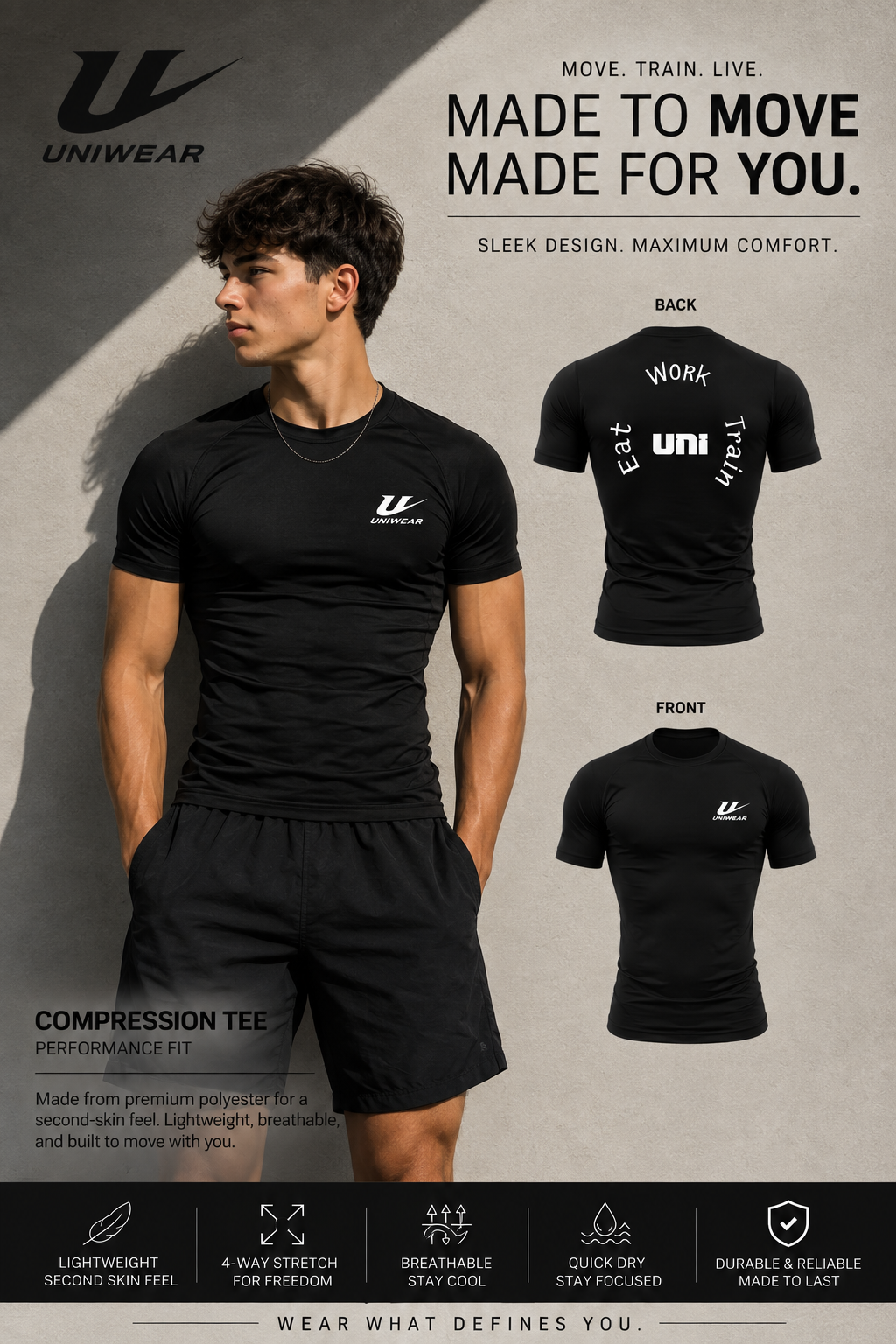 Compression Sleeve Tee — Uni Wear Logo "Eat Work Train" Graphic