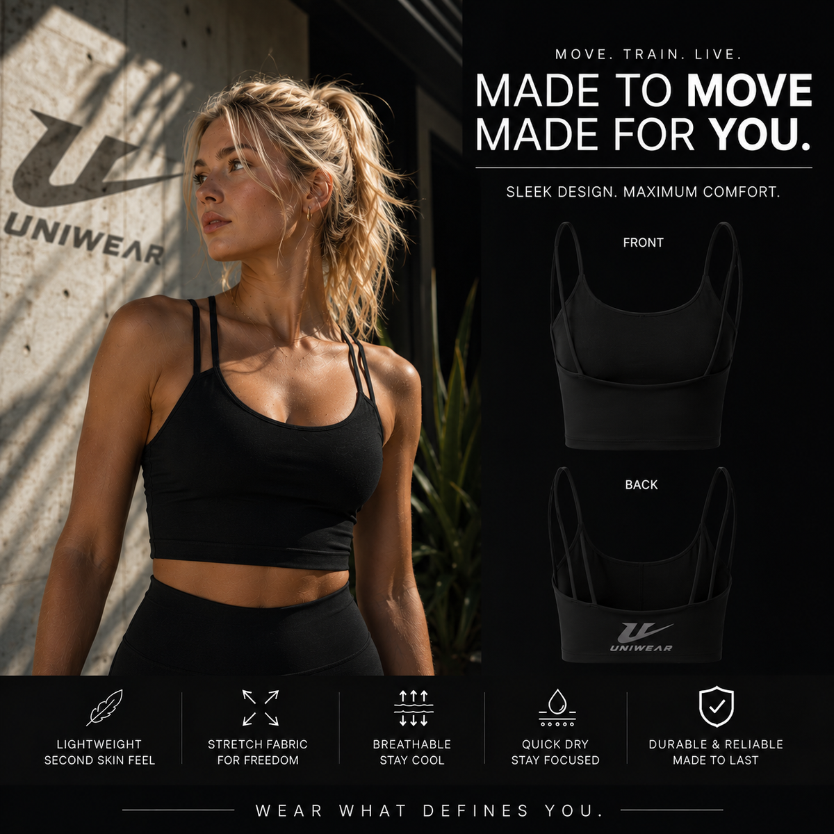 Luxe Women's Bralette — Lightweight Strappy Crop with Subtle Uniwear Logo