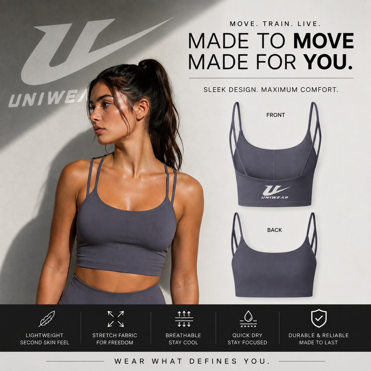 Luxe Women's Bralette — Lightweight Strappy Crop with Subtle Uniwear Logo