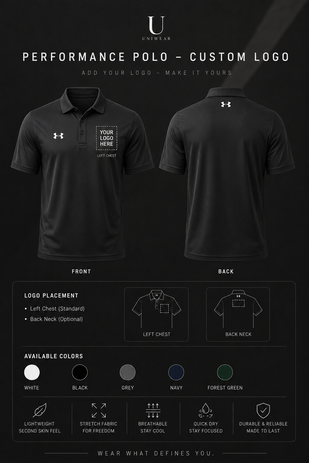 Embroidered 'Print My Way' White Polo Shirt — Men's Performance Golf Polo
