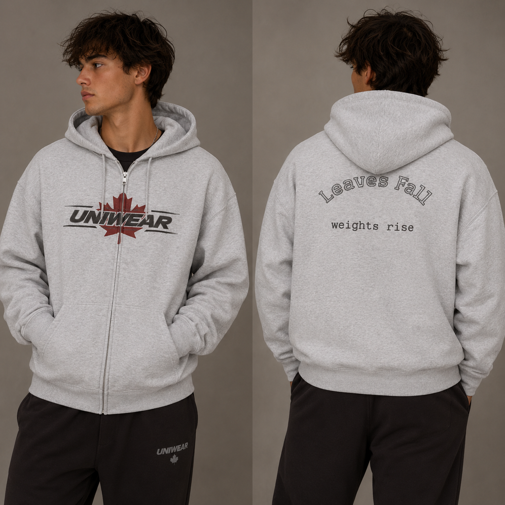 UniWear Maple Zip Hoodie — "Leaves Fall, Weights Rise" Hoodie